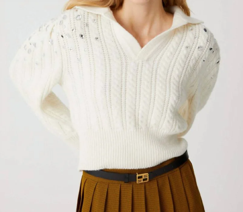 Yoga Knit TopsEmbroidered Sleeves Polo Sweater In Off White