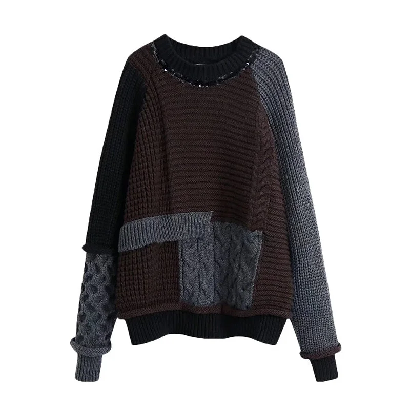 Hemp Knit TopsFashion loose round neck Beaded patchwork sweater  7512