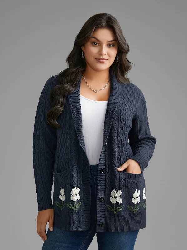 Thermal Knit TopsFloral Jacquard Cable Knit Pocket Cardigan