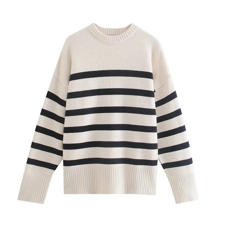 Striped Knit TopsLazy style loose and versatile casual striped sweater  7478