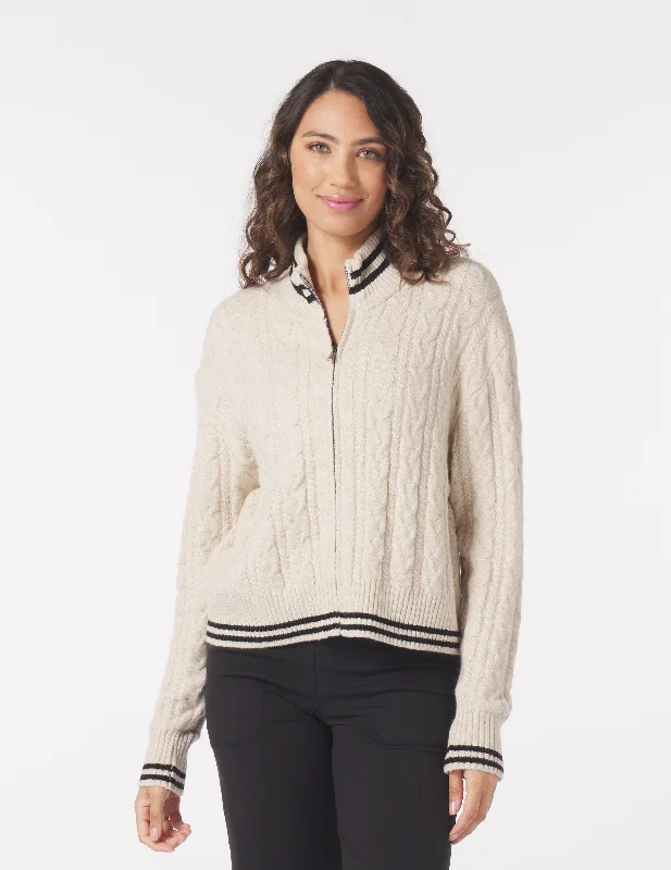 Fringed Knit TopsLeisure Cable Knit Zip Up: Oatmilk/Black