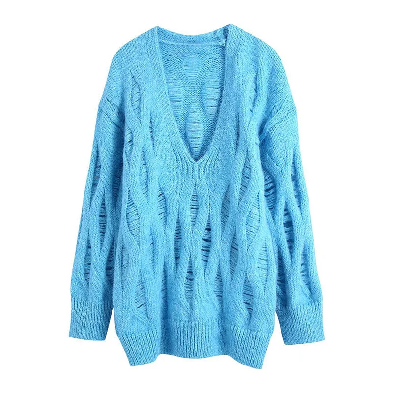 Camping Knit TopsLong sweater with hole decoration  7507