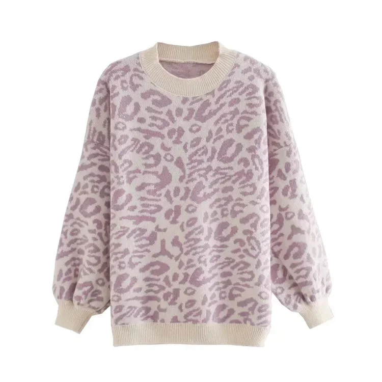 Winter Knit TopsLoose Pullover lazy long sleeve leopard jacquard sweater  7464