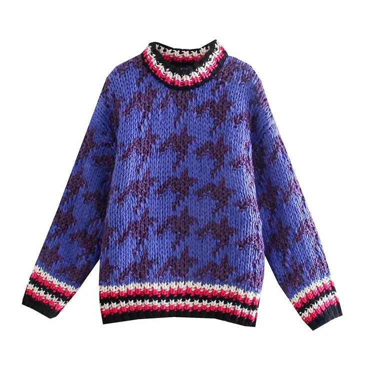 Bamboo Knit TopsMulti panel contrast bird check jacquard sweater women's sweater  7492