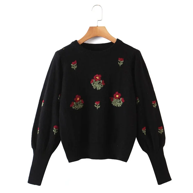 Fitted Knit TopsNew lazy wind flower embroidered round neck Pullover Sweater  7435