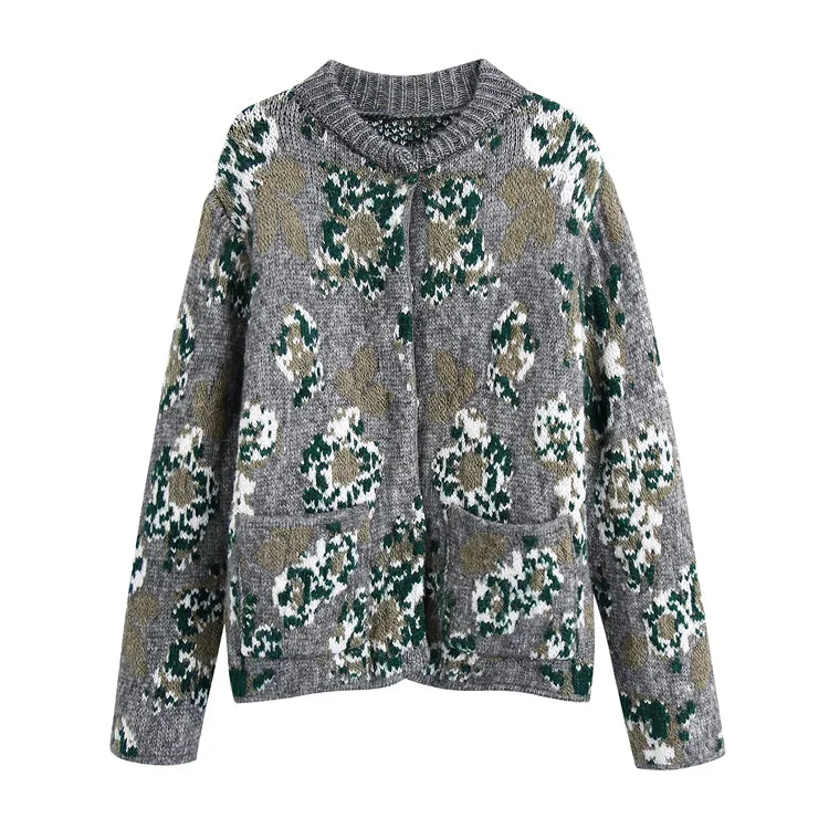 Embroidered Knit TopsNew Vintage flower jacquard knitted cardigan coat sweater  7495