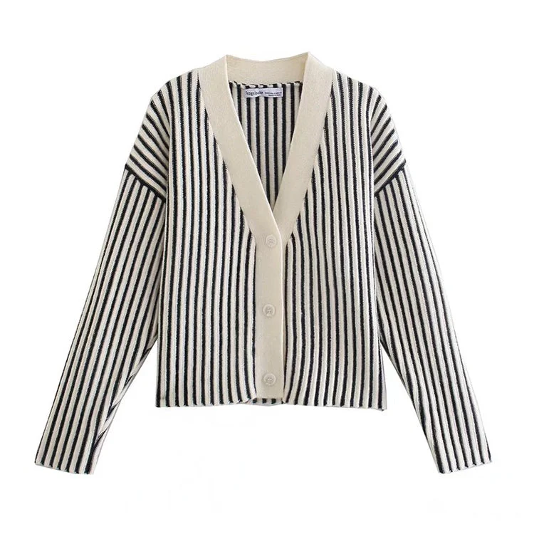 Formal Knit TopsNew Vintage V-neck black and white vertical stripe knitted cardigan coat  7487