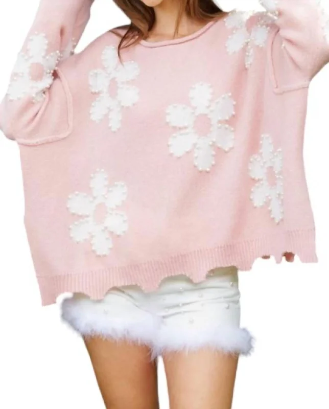 Crewneck Knit TopsPretty Pearls Sweater In Pink