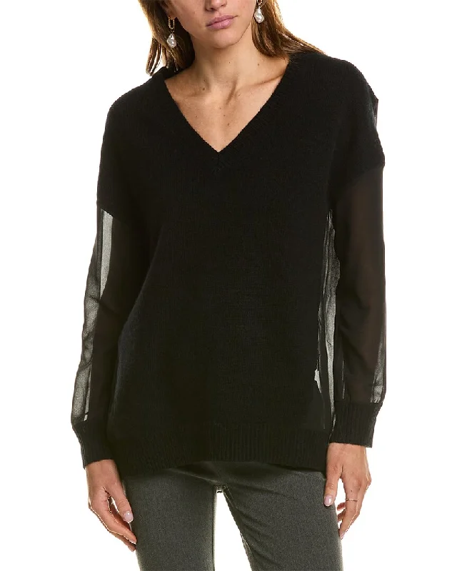 Polyester Knit TopsReiss Shelly Hybrid Knit Sheer V-Neck Sweater