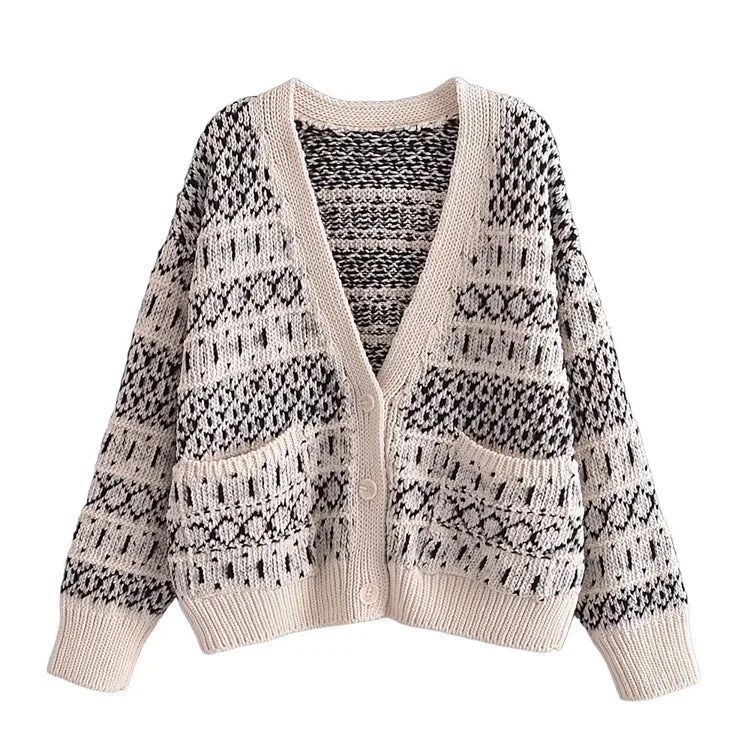 Running Knit TopsRetro lazy jacquard knitted cardigan coat sweater  7463