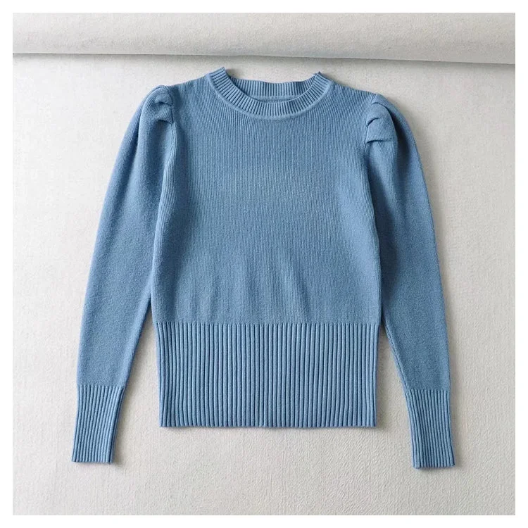 Polyester Knit TopsRound neck bubble sleeve elastic slim knit sweater  7444