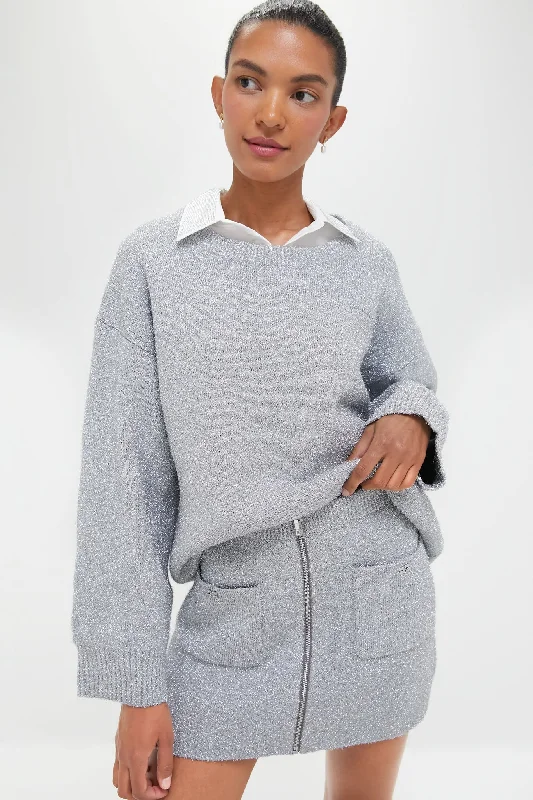 Polyester Knit TopsSilver Sparkle Knit O-Neck Sweater