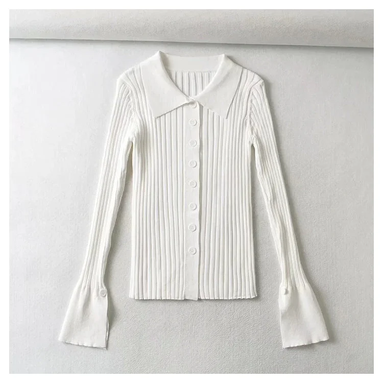 Collaborative Knit TopsSingle breasted flare sleeve pit stripe solid color sweater  7384