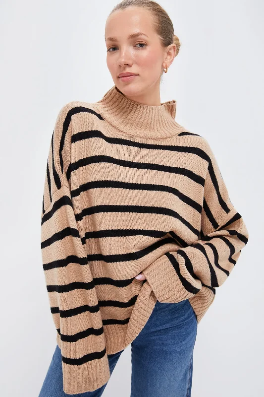 Retro Knit TopsSoft Taupe and Black Oversized Funnel Neck Sweater