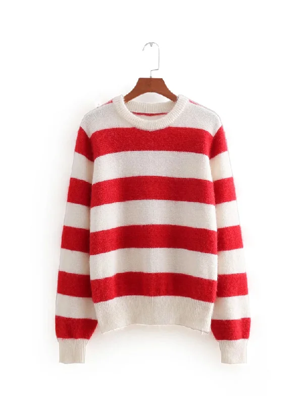 Layered Knit TopsStriped crew neck Pullover long sleeve sweater loose sweater top  7458