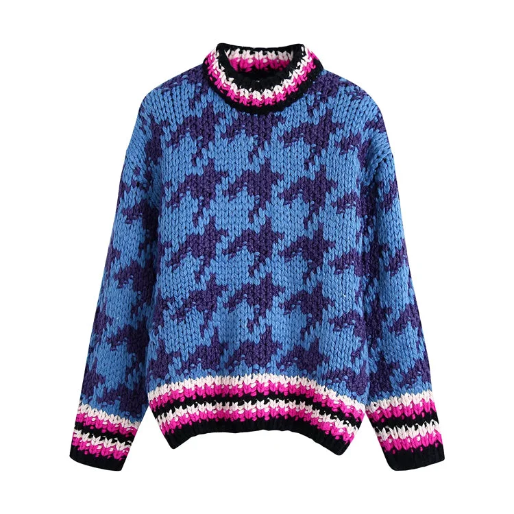 Recycled Fabric Knit TopsThousand bird check contrast stripe jacquard sweater  7476