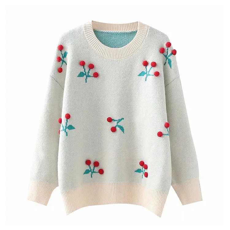 Sheer Knit TopsThree dimensional flower round neck Pullover knitted sweater lazy loose top  7388