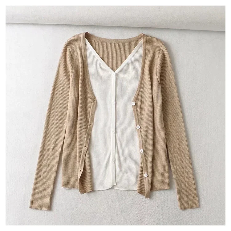 High-Fashion Knit TopsV-neck breasted color contrast fake two slim knit Cardigans  7471