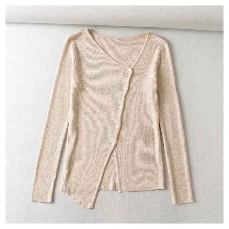 Acrylic Knit TopsV-neck button irregular slim long sleeved sweater  7465