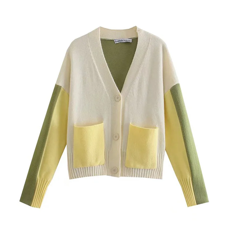 Camping Knit TopsV-neck contrast color design knitted cardigan loose lazy coat sweater  7418