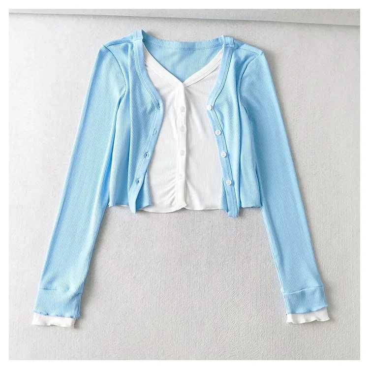 Asymmetrical Knit TopsV-neck stretch slim short knit cardigan  7387