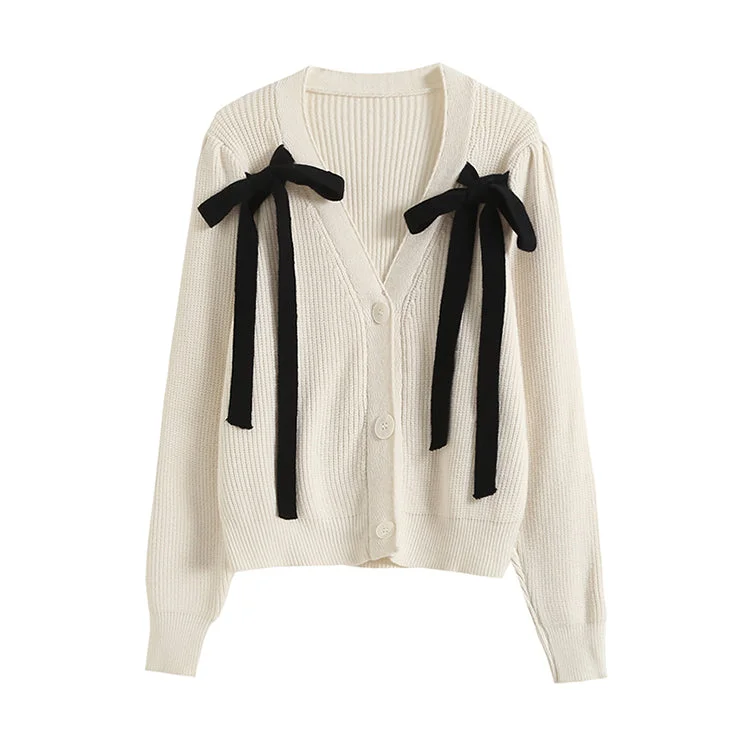 Off-Shoulder Knit TopsVintage bubble sleeve bow knit cardigan  7412