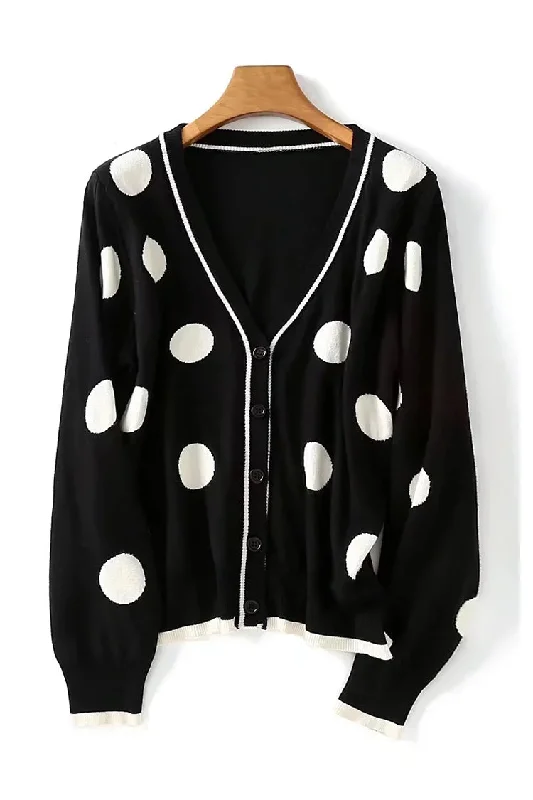 Work Knit TopsVintage dot black and white contrast V-Neck Sweater Cardigan Jacket  7419