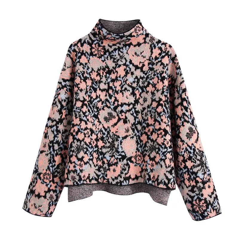 Limited Edition Knit TopsVintage stand collar long sleeve flower jacquard sweater  7504