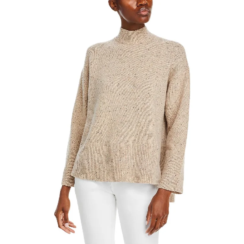 Sheer Knit TopsWomens Drop Shoulder Ribbed Funnel-Neck Sweater