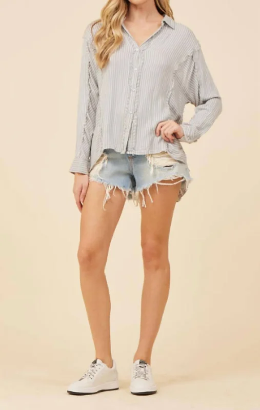 Crochet Button Front Shirt In Denim/white StripeAsymmetrical Shirts