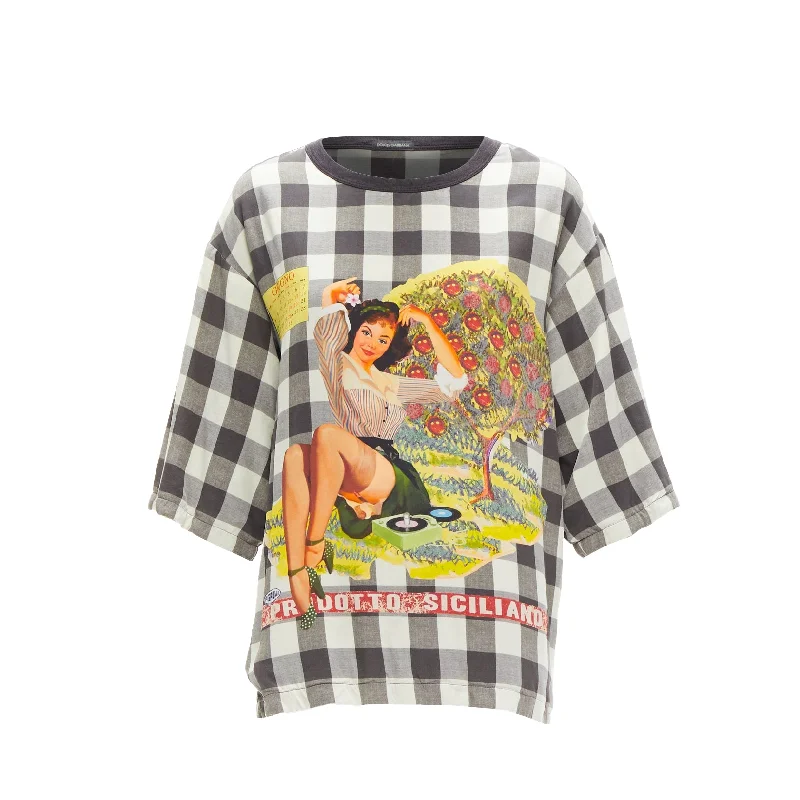 Dolce & Gabbana silk pinup girl print checkered boxy tshirt topOrganic Cotton Shirts