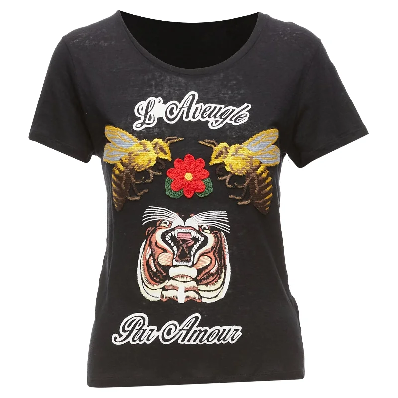 Gucci L'aveugle Par Amour Linen Tiger Rose Print Patch TshirtPunk Shirts