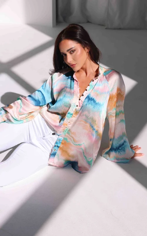 Lindal Shirt Blouse - Blue Pink Multi PrintHip-Hop Shirts