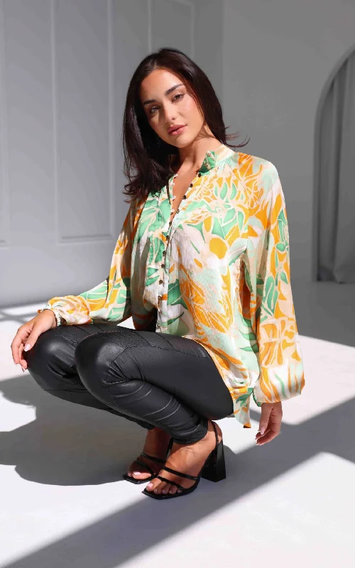 Lindal Shirt Blouse - Green Orange Leaf PrintQuick-Dry Shirts