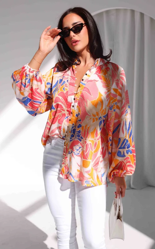 Lindal Shirt Blouse - Orange Blue Leaf PrintOutdoor Shirts