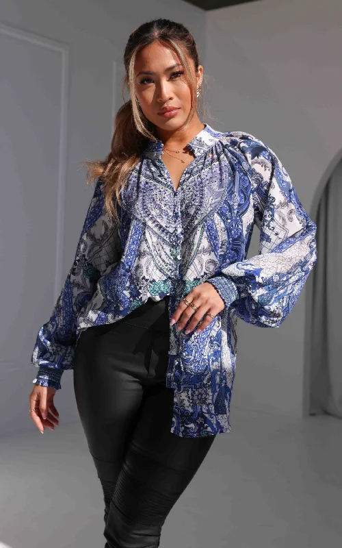 Maysa Gem Embellished Shirt Blouse - Blue White FloralRunning Shirts