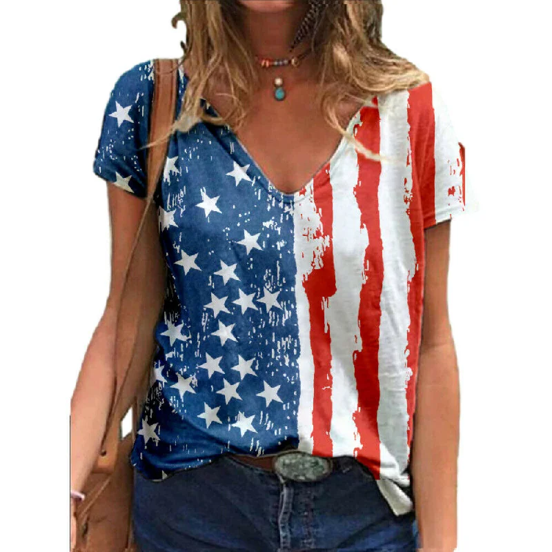 Spring TeeV Neck T-Shirt American Flag Print