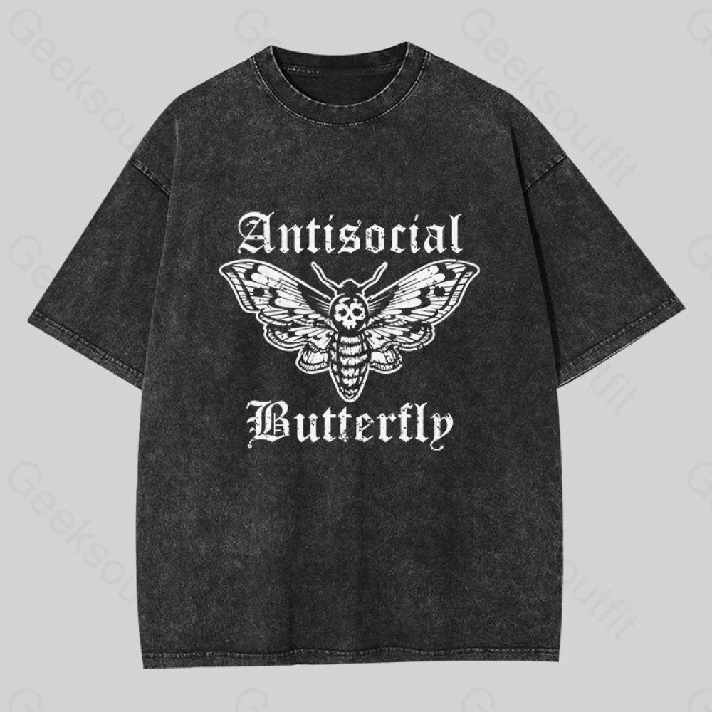 Windproof TeeFunny Antisocial Butterfly Washed T-Shirt