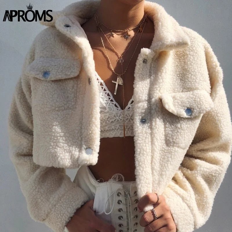 Aproms Elegant Solid Color Cropped Teddy Jacket Women Front Pockets Thick Warm Coat Autumn Winter Soft Short Jackets Female 2020Croptoppride