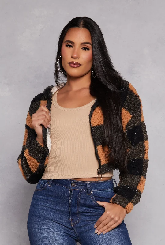 Buffalo Plaid Zip Front Hooded Cropped JacketCroptopstretch