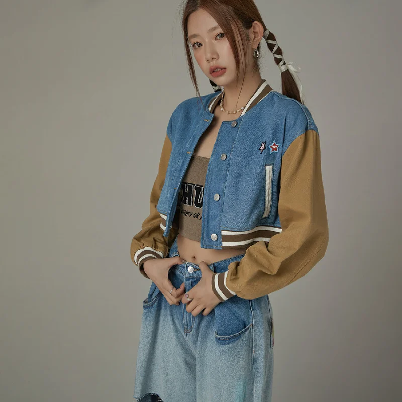 Color Matching Varsity Cropped JacketCroptopnetwork