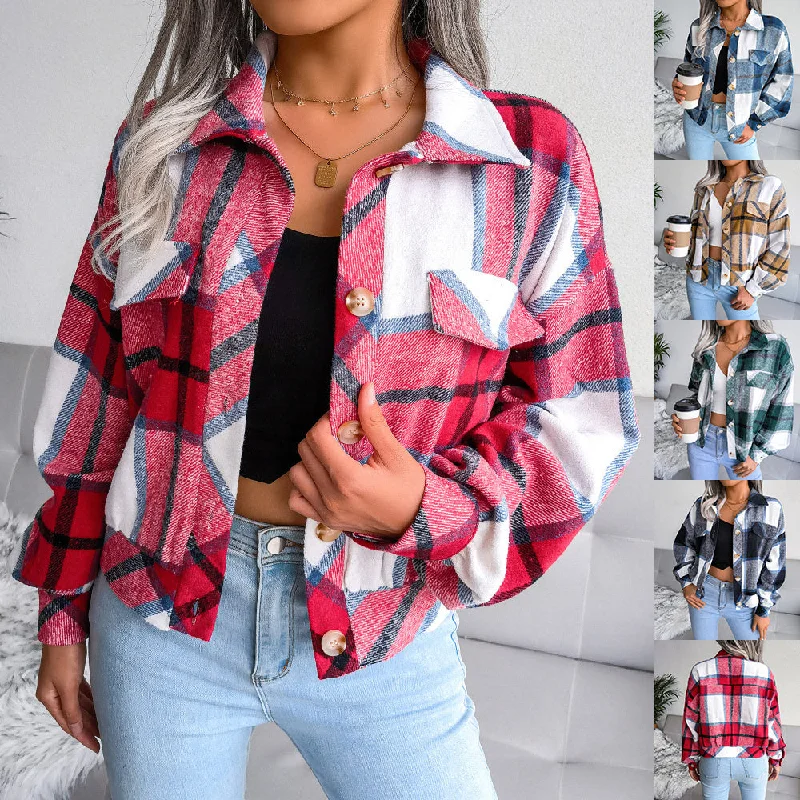 Plaid Lapel Cropped Jacket Fashion Loose Button Long Sleeve Short Outwear Tops Coat For Womens ClothingCroptopplain