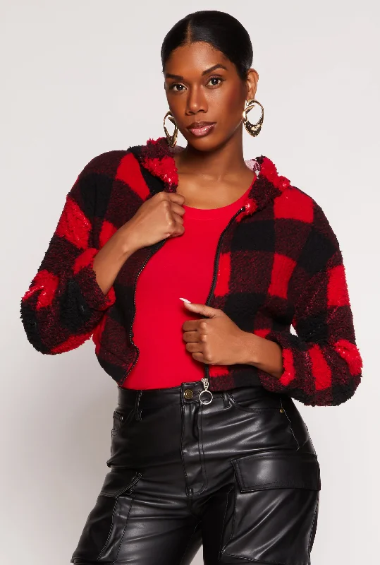 Buffalo Plaid Zip Front Hooded Cropped JacketCroptoptrend