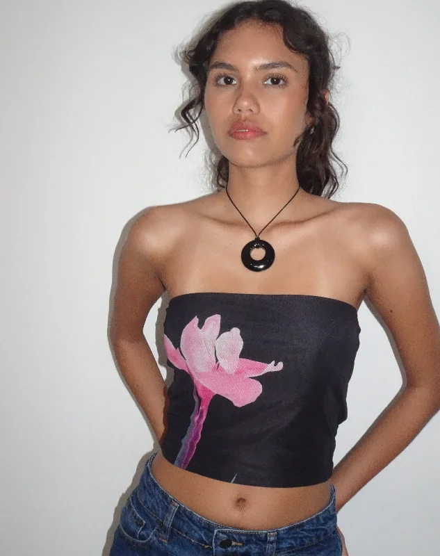 Shae Bandeau Top in Black with Pink Flower PlacementCroptoptailor