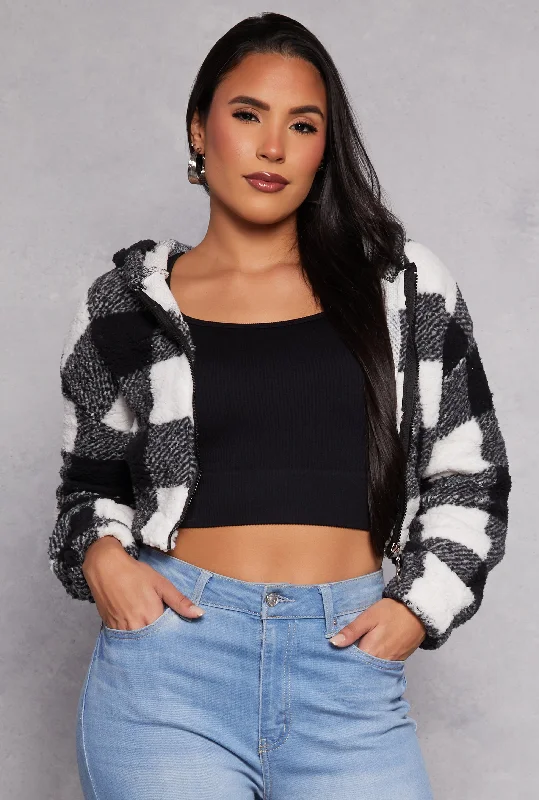 Buffalo Plaid Zip Front Hooded Cropped JacketCroptopbrand