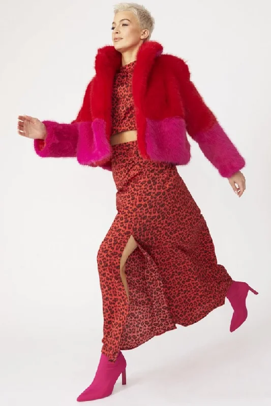 Red/ Pink Faux Fur Two Tone Double Cropped CoatCroptopcommunity