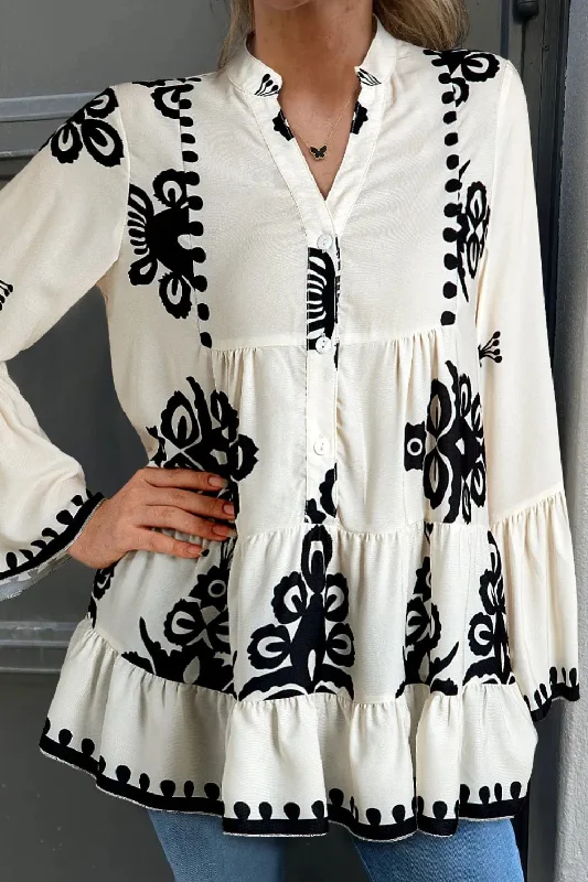 Tiered Printed Notched Long Sleeve Blouse