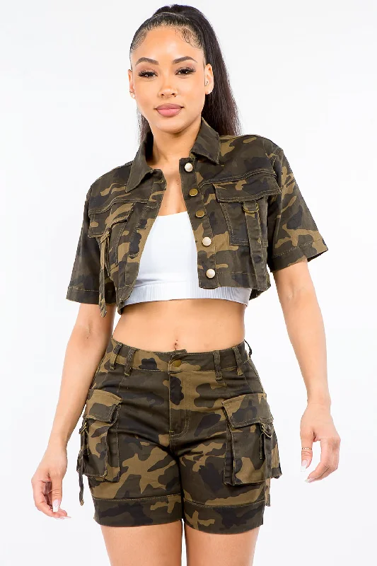 American Bazi Full Size Camouflage Short Sleeve Cropped JacketCroptoptech