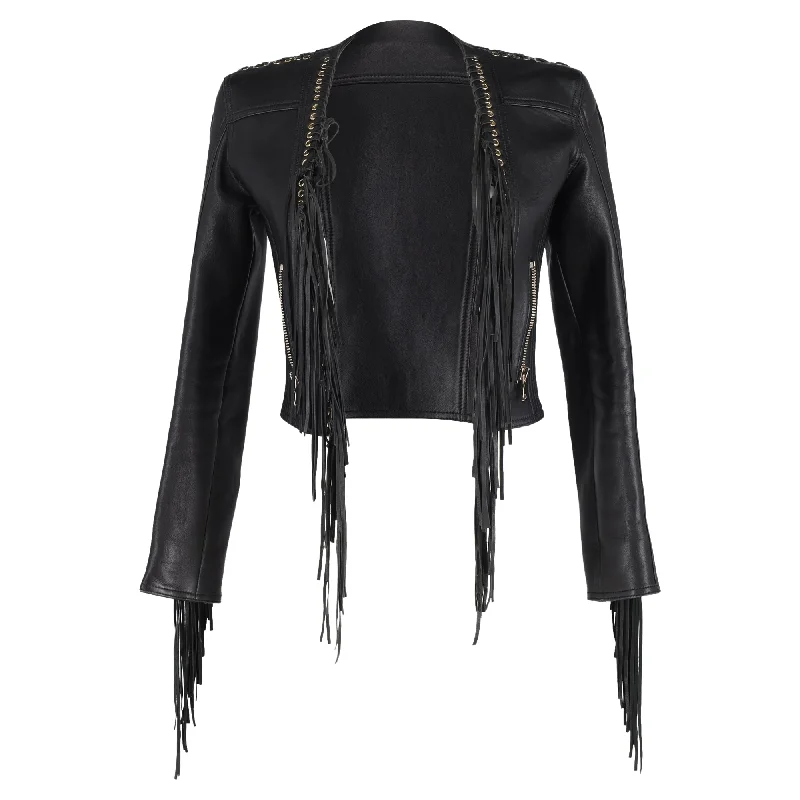 Balmain Fringe Cropped Jacket in Black LeatherCroptopdurable