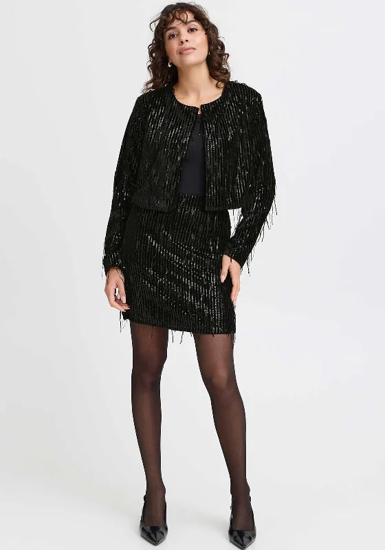 Fransa Winni Sequin Fringed Cropped Jacket, BlackCroptopcolor